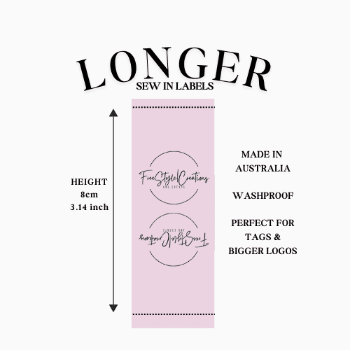 Longer Sew It In Labels with business Logo, made in Australia, ideal for tags and bigger logos
