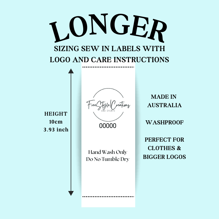 Longer Sizing Label for Clothing with Business Logo, featuring care instructions and dimensions