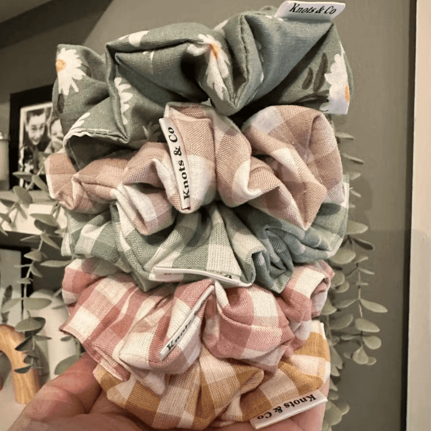 Colorful scrunchies with Sew In Seam Tags Labels for Scrunchies Wristlets Blankets Crafts