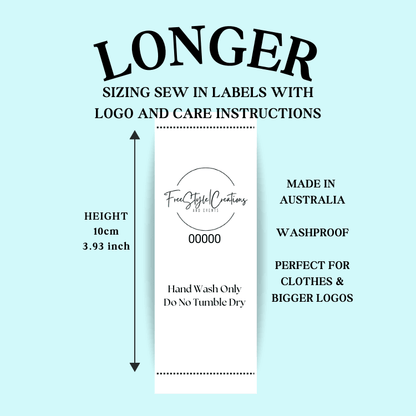 Longer Sizing Label for Clothing with Business Logo, featuring care instructions and dimensions