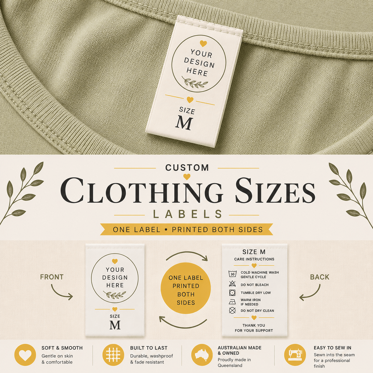 Garment Label with Sizing - Logo/Size/Care Instructions - Sew It In Labels