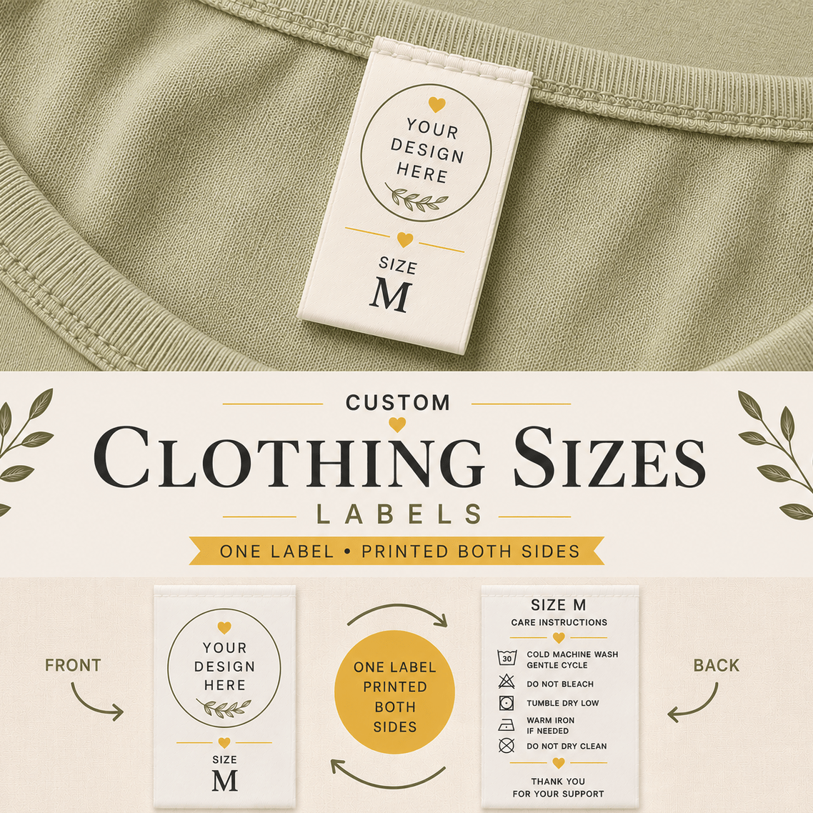 Garment Label with Sizing - Logo/Size/Care Instructions - Sew It In Labels