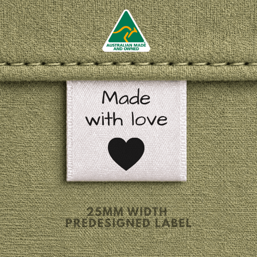 Made with Love Heart - 25mm Satin 25pk Pre designed - Sew It In Labels