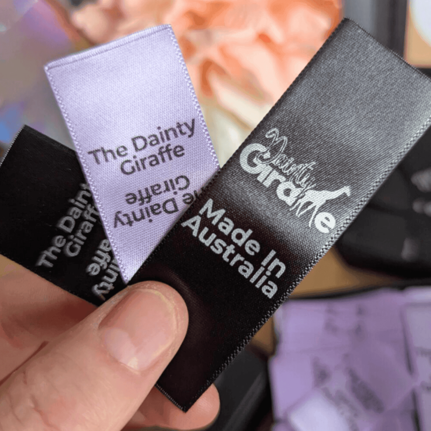 Sew In Seam Tags Labels for Scrunchies Wristlets Blankets Crafts in purple and black with custom branding