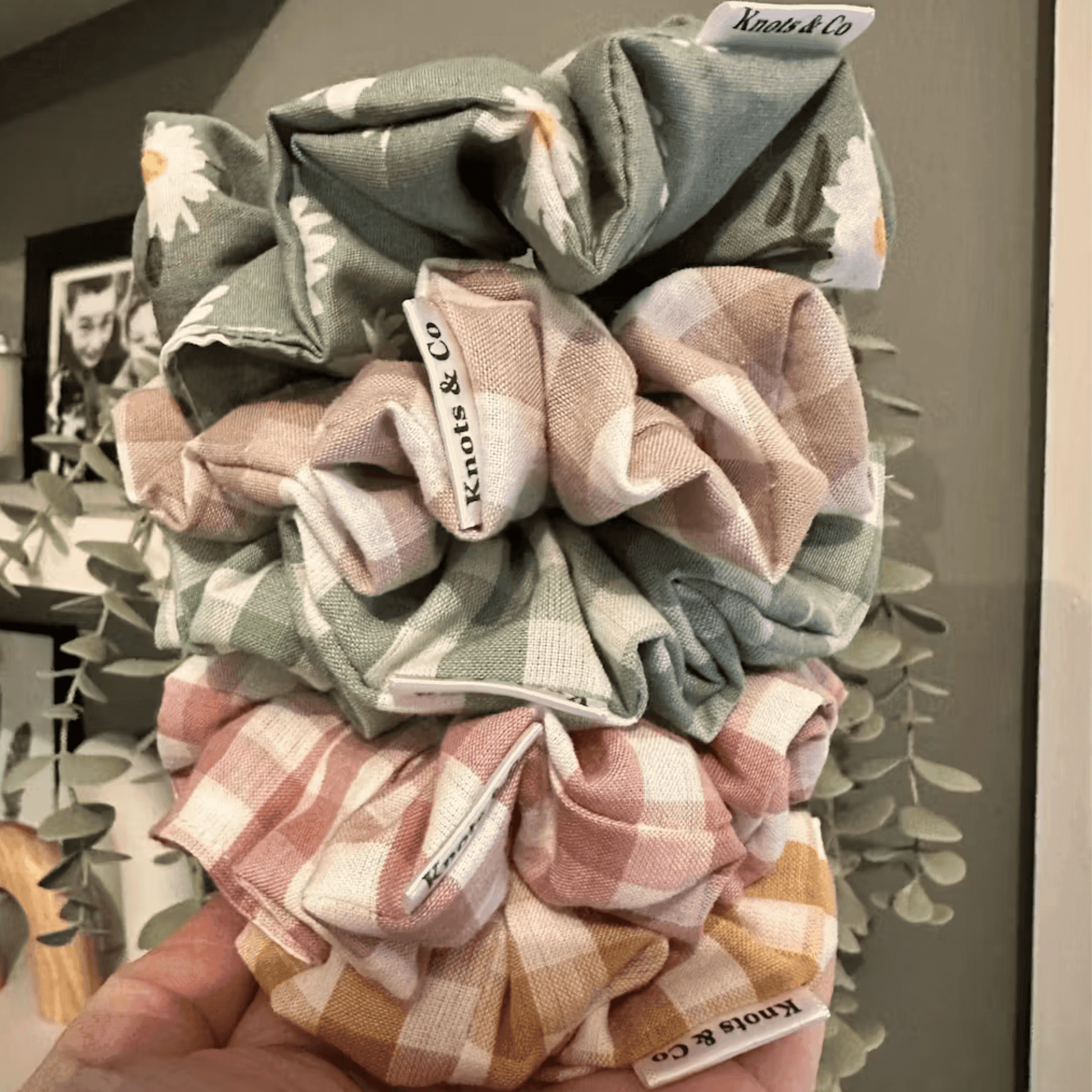 Colorful scrunchies with Sew In Seam Tags Labels for Scrunchies Wristlets Blankets Crafts