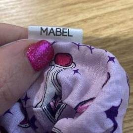 Personalized Sew In Seam Tags Labels for Scrunchies Wristlets Blankets Crafts featuring the name MABEL