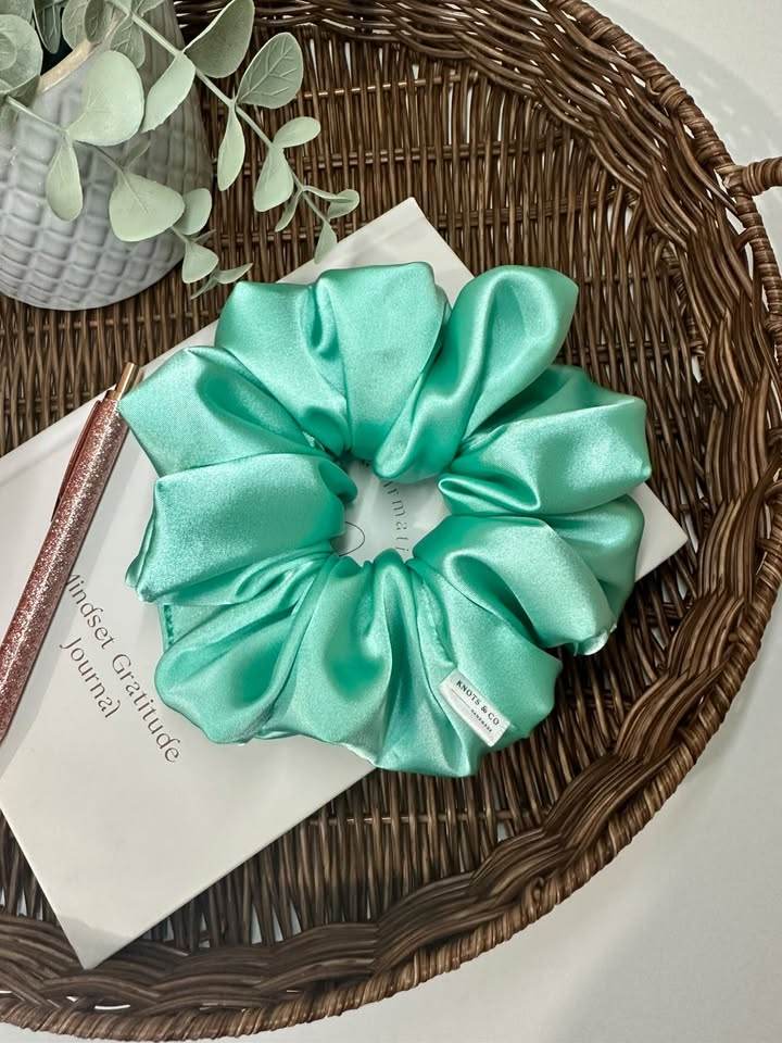 Satin mint green scrunchie with Sew In Seam Tags Labels for Scrunchies Wristlets Blankets Crafts
